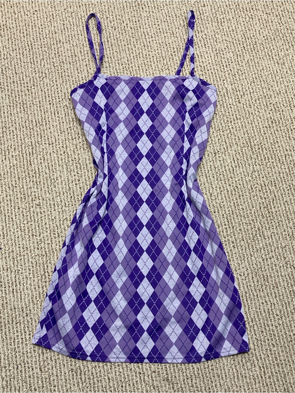 Purple Argyle Spaghetti-Strap Casual Dress